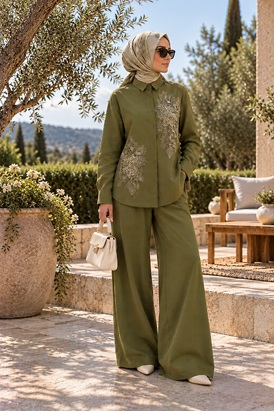 HAKİ YEŞİL ÇİÇEK DESENLİ TAKIM 2XL